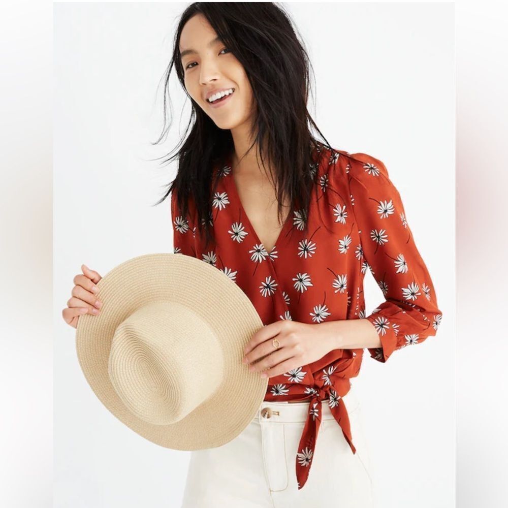 Madewell Silk Wrap Top in Fresh Daisies Brown Sz Small NWT